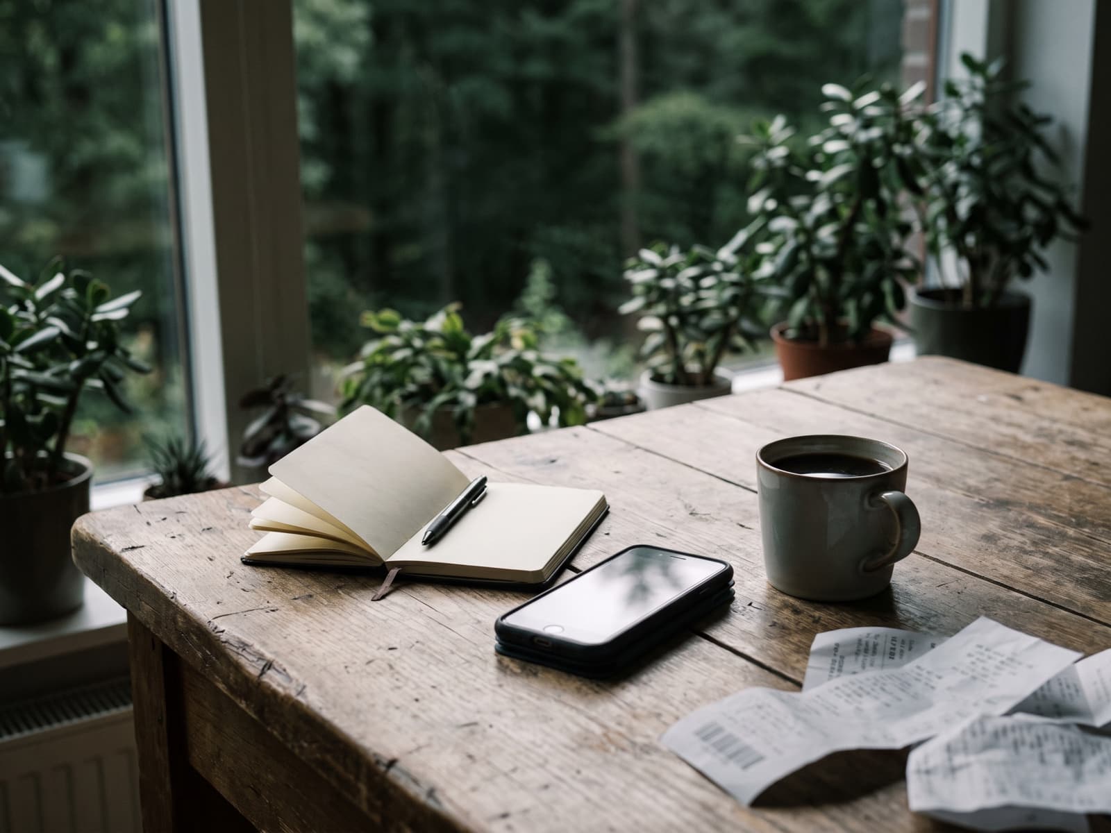 A notebook, phone, coffee and a pile of receipts on a wooden table after a weekend away